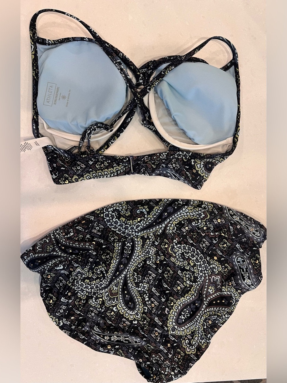 Athleta 3 pc bikini/tankini set 36D/M in brown blue paisley w gold beads - Picture 2 of 9